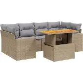 vidaXL Matgrupp för trädgården med dynor 7 delar beige konstrotting