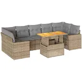 vidaXL Matgrupp för trädgården med dynor 8 delar beige konstrotting