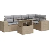 vidaXL Soffgrupp för trädgården med dynor 6 delar beige konstrotting