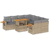 vidaXL Trädgårdssoffset med dynor 9 delar beige konstrotting akaciaträ