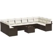 vidaXL Trädgårdsoffset med kudde 11 pcs Brun Poly rattan