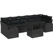 vidaXL Trädgårdsoffset med kudde 8 pcs Svart Poly rattan