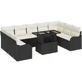vidaXL Trädgårdsoffset med kudde med kudde 10 pcs Svart Poly Rattan