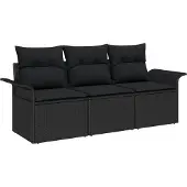 vidaXL Trädgårdsoffset med kudde med lagring 3 pcs Svart Poly rattan