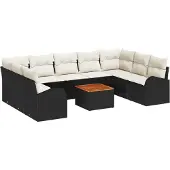 vidaXL Trädgårdsoffset med kudde 10 pcs Svart Poly rattan