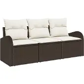 vidaXL Trädgårdsoffset med kudde 3 pcs Brun och vit Poly rattan