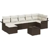 vidaXL Trädgårdsoffset med kudde med lagring 8 pcs Brun Poly rattan