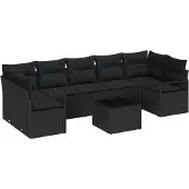 vidaXL Trädgårdsoffset 8 pcs Svart Konstrotting, Stål och Glas