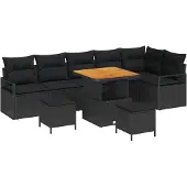 vidaXL Trädgårdsoffset med kudde 9 pcs Svart Poly rattan