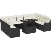 vidaXL Trädgårdsoffset med kudde 10 pcs Svart Poly rattan