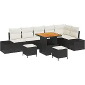 vidaXL Trädgårdsoffset med kudde med lagring 9 pcs Svart Poly rattan