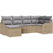 vidaXL Trädgårdsoffset med kudde 6 pcs beige och ljusgrå Poly rattan