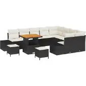 vidaXL Trädgårdsoffset med kudde med lagring 12 pcs Svart Poly rattan