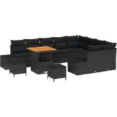 vidaXL Trädgårdsoffset med kudde med lagring 12 pcs Svart Poly rattan