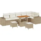 vidaXL Trädgårdsoffset med kudde med kudde 9 pcs Beige och gräddfärgad