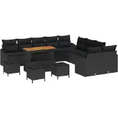 vidaXL Trädgårdsoffset med kudde med lagring 13 pcs Svart Poly rattan