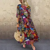 ZANZEA Bohemia kvinnor blommönster 3/4 ärm Casual lång klänning M röd