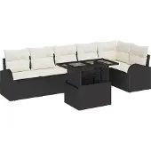 vidaXL Trädgårdsoffset med kudde med lagring 7 pcs Svart Poly rattan