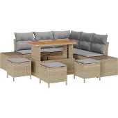 vidaXL Trädgårdsoffset med kudde 9 pcs Beige konstrotting