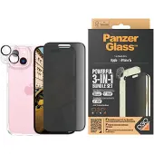 PanzerGlass - 3-i-1-paket - skyddskit skärm/objektiv/baksida för mobiltelefon - glas - med sekretessfilter - ramfärg svart - för Apple iPhone 15