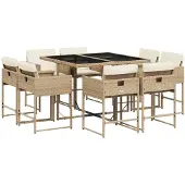 vidaXL Matgrupp för trädgården med dynor 9 delar beige konstrotting