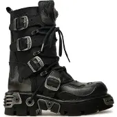 New rock Flame Accented Biker Boots i svart/silverfärgat läder - 107-S2