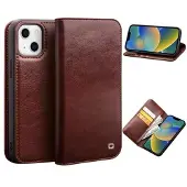 Qialino Classic iPhone 14 Läder Plånboksfodral - Brun