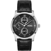 BOSS PRINCIPLE MASTER Black-textured-dial watch with leather strap