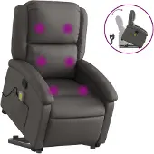 vidaXL Uppresningsfåtölj med Massage, Fällbar, Grå, Äkta Läder