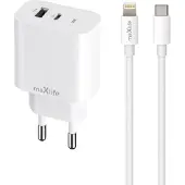 MaXlife USB-Laddare PD QC 20W med USB och USB-C + Lightning-Kabel