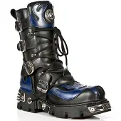 New rock Unisex Svart/Blå läder Gothic Biker Skull Boots-107-C5
