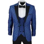 TruClothing Herr Blå Smoking Blazer Väst Brokad Svart Satin Paisley Middagskavaj