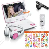 Lenco Bärbar 9" DVD-spelare med USB-hörlurar och monteringsfäste Rosa / Vit