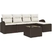 vidaXL Trädgårdsoffset med kudde 6 pcs Brun Poly rattan