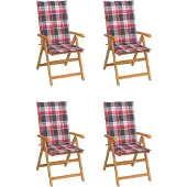vidaXL Trädgårdsstolar rödrutiga dynor 4 st massiv teak