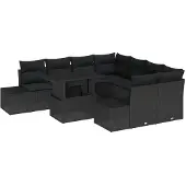 vidaXL Trädgårdsoffset med kudde 9 pcs Svart konstrotting