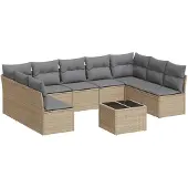 vidaXL Soffgrupp för trädgård med dynor 10 delar beige konstrotting
