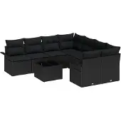 vidaXL Trädgårdsoffset 9 pcs Svart Poly rattan