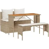vidaXL Matgrupp för trädgården 3 delar med dynor beige konstrotting