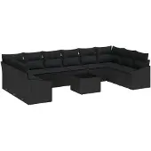 vidaXL Trädgårdsoffset 11 pcs Svart Poly rattan