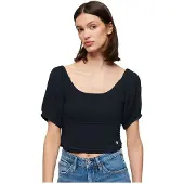 Superdry för kvinnor. W6011857A Stickad T-shirt med volang i marinblå (L), Casual, Viskos, Kort ärm, Marino