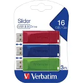 Verbatim Slider - USB flash-enhet - 16 GB - USB 2.0 - blå, röd, grön (paket om 3)