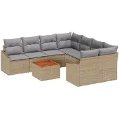 vidaXL Trädgårdsoffset med kudde 9 pcs Beige konstrotting