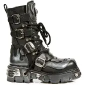 New rock Flame Accented Biker Boots i svart/silverfärgat läder - 107-S2