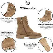 Tamaris Dammode Kamelbeige Läder Snörning Med Dragkedja Combat Ankelstövlar