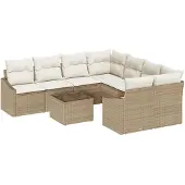 vidaXL Soffset med kudde 9 pcs Beige och gräddfärgad konstrotting
