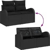 vidaXL Trädgårdsoffset med kudde med lagring 6 pcs Svart Poly rattan