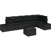 vidaXL Trädgårdsoffset med kudde 7 pcs Svart konstrotting