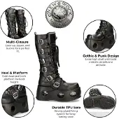 New rock M-272-S2 Neptuno Metallic Knähöga svarta gotiska stövlar i läder