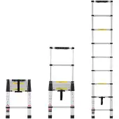 Vevor Teleskopstege, 8,5FT Lättviktsförlängningsstege i aluminium, Hopfällbar stege med en knapptryckning, 160 kg kapacitet med halkfria fötter, Bärbara kompakta stegar för hem, husbil, loft